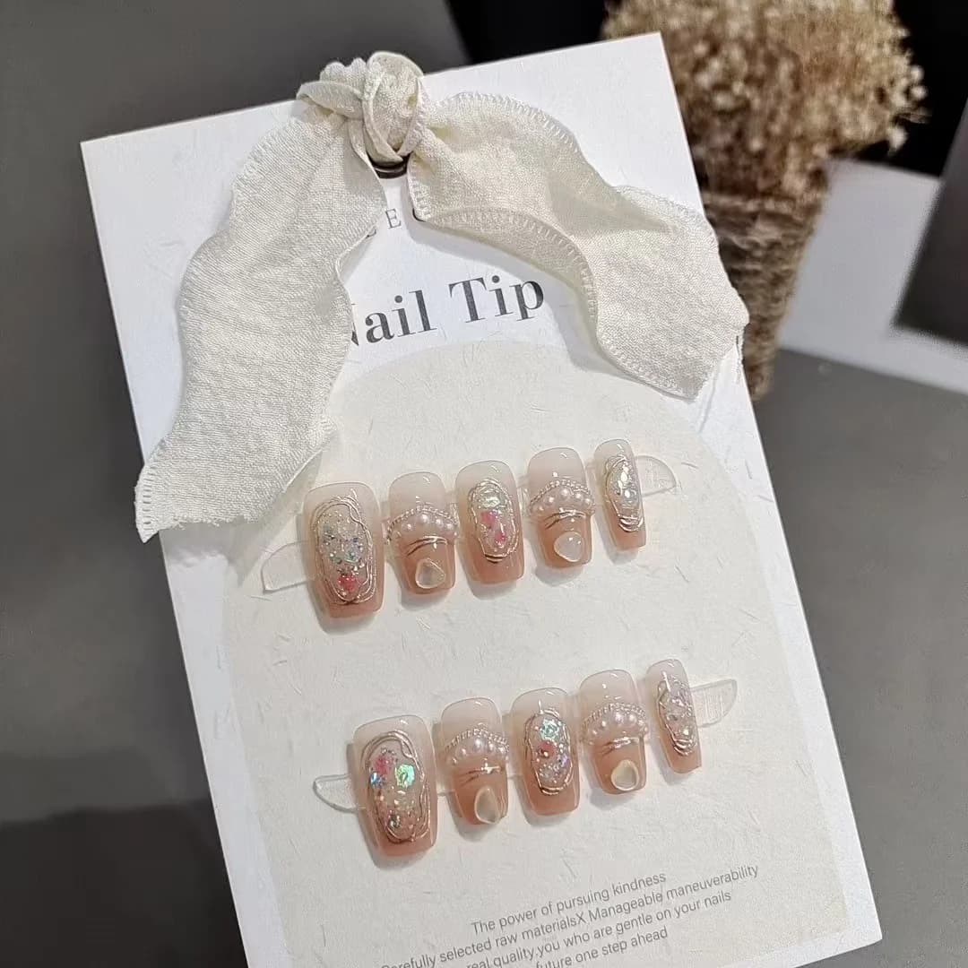 Накладные ногти, короткий гроб, дизайн «Аврора» с жемчугом, 10 шт.